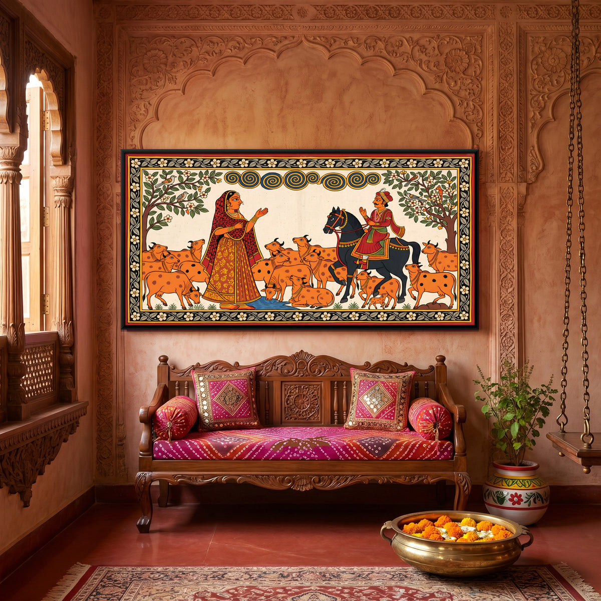 Deval Entrusts Her Cows to Pabuji - canvas art shown in a styled room