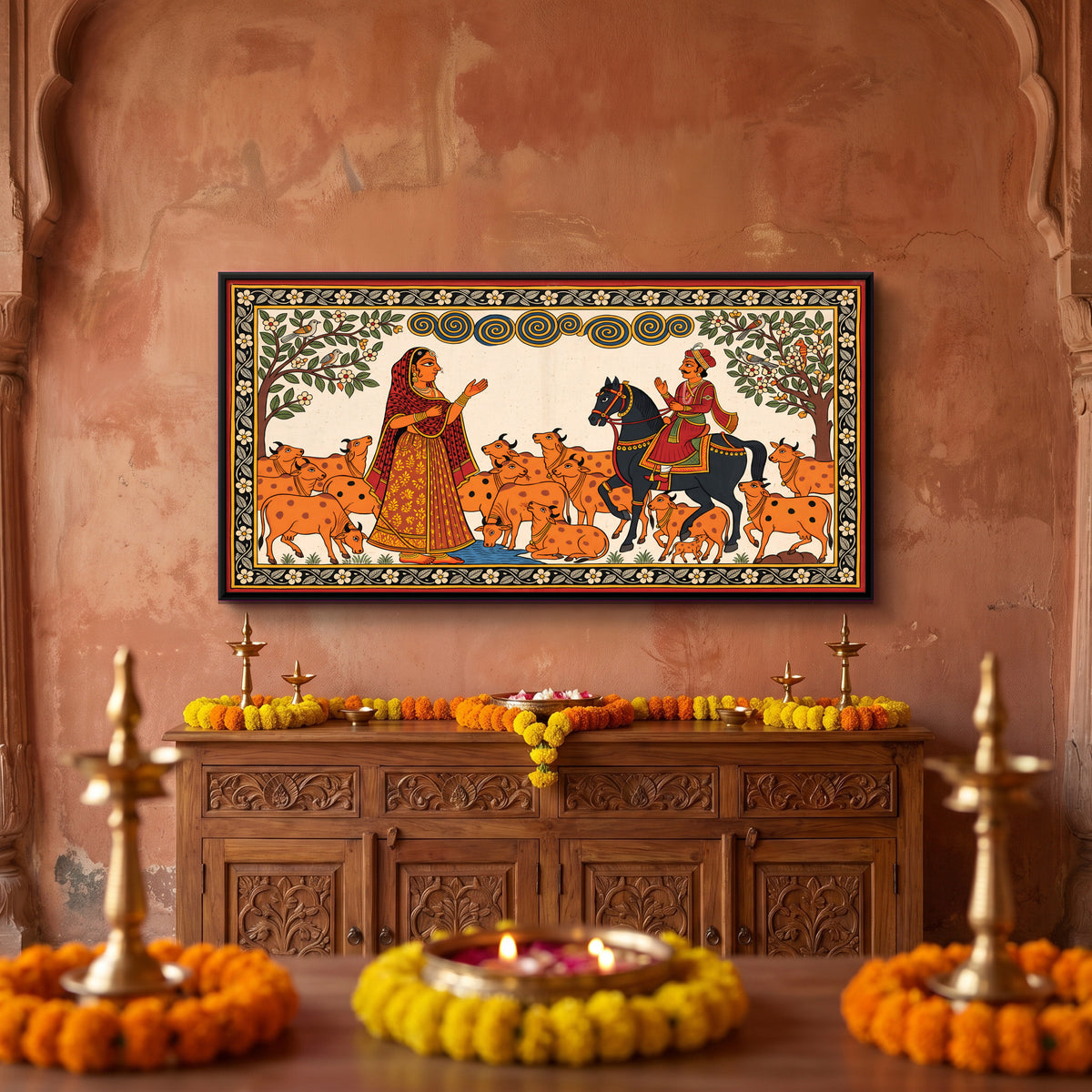 Deval Entrusts Her Cows to Pabuji - canvas art shown in a second room setting