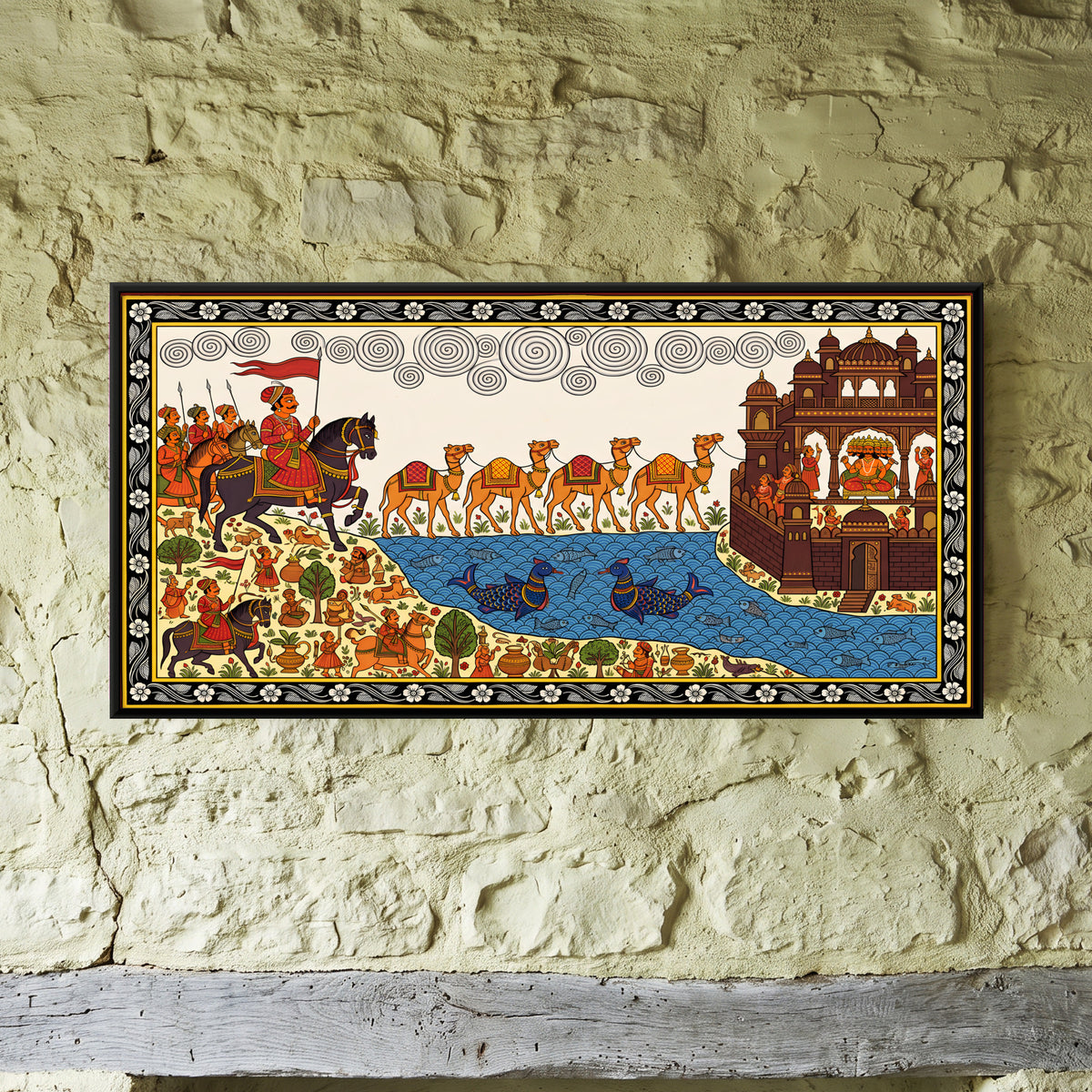 Pabuji Brings Camels from Lanka - framed canvas art hung on a wall