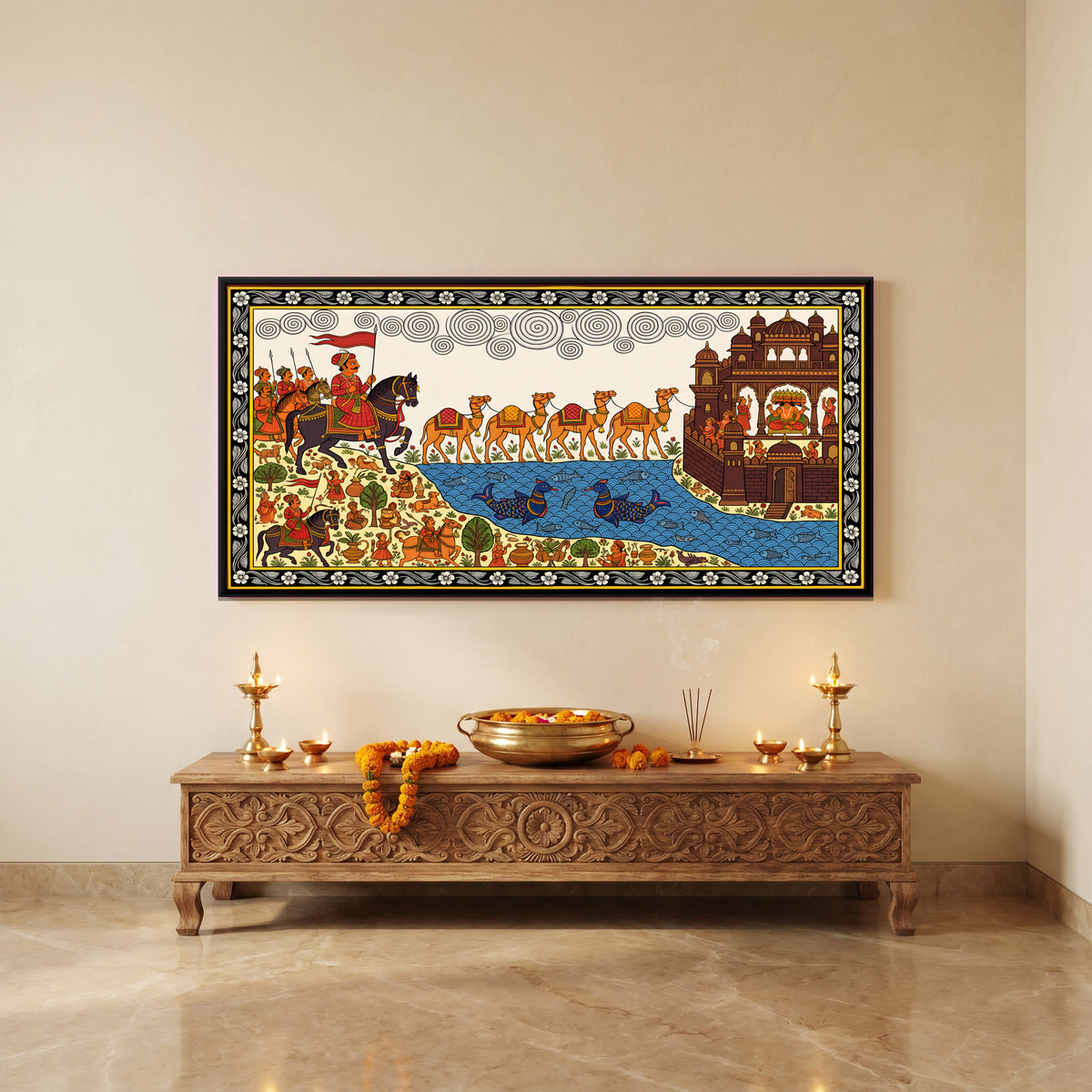 Pabuji Brings Camels from Lanka - canvas art shown in a styled room