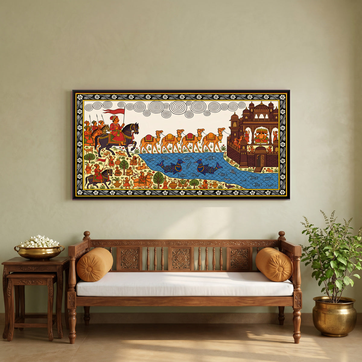 Pabuji Brings Camels from Lanka - canvas art shown in a second room setting