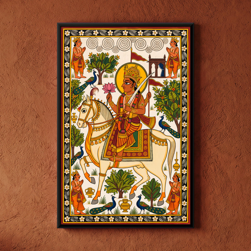 Devnarayan on Horseback - framed canvas art hung on a wall