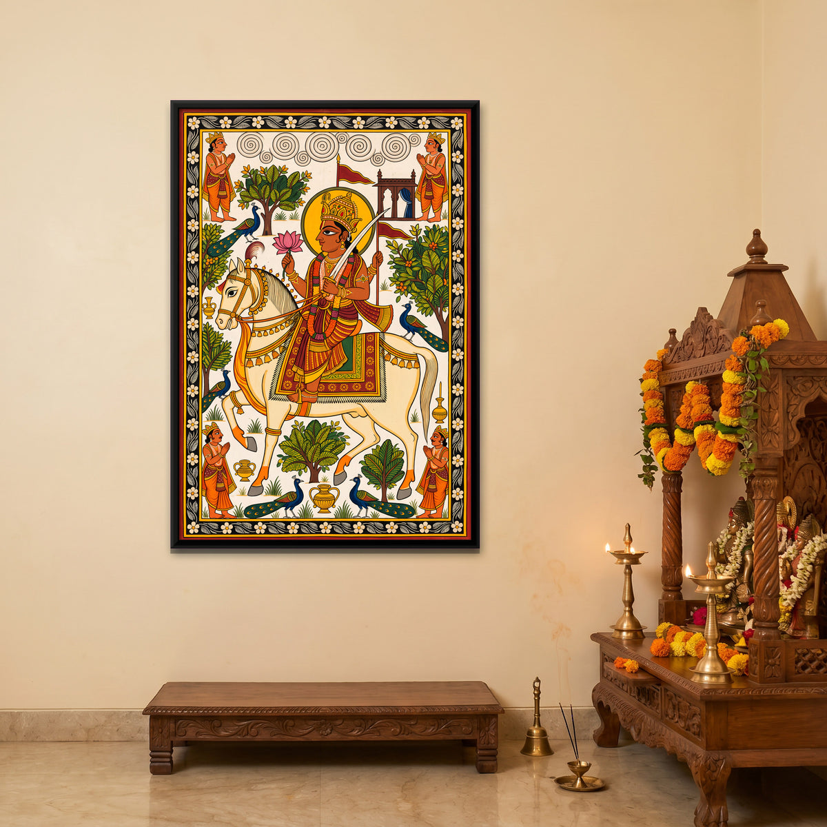Devnarayan on Horseback - canvas art shown in a second room setting
