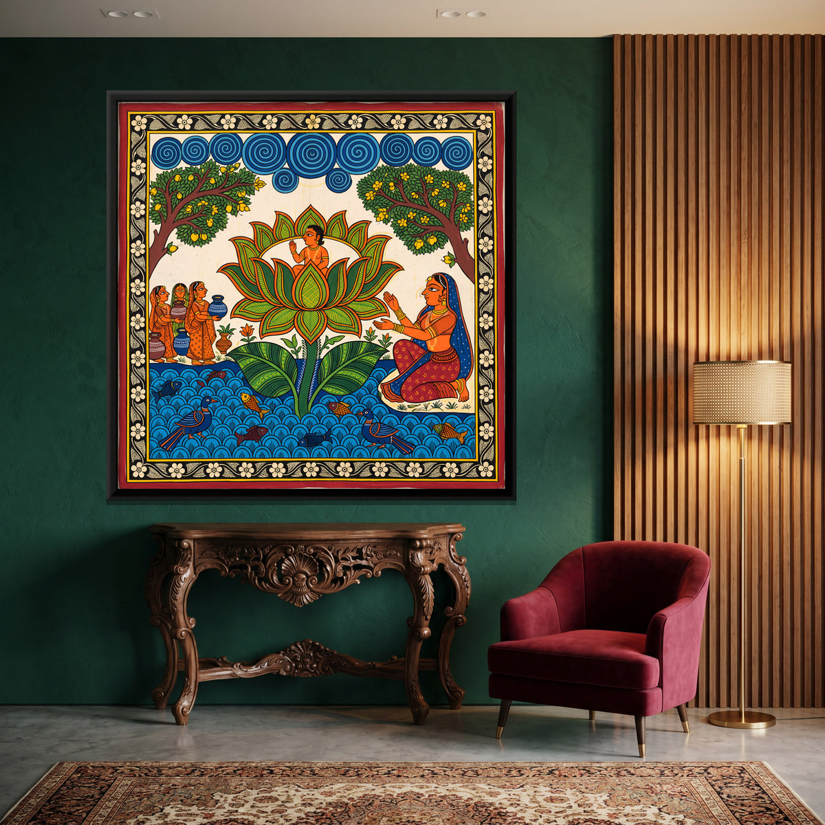 Child Born in a Lotus - canvas art shown in a styled room
