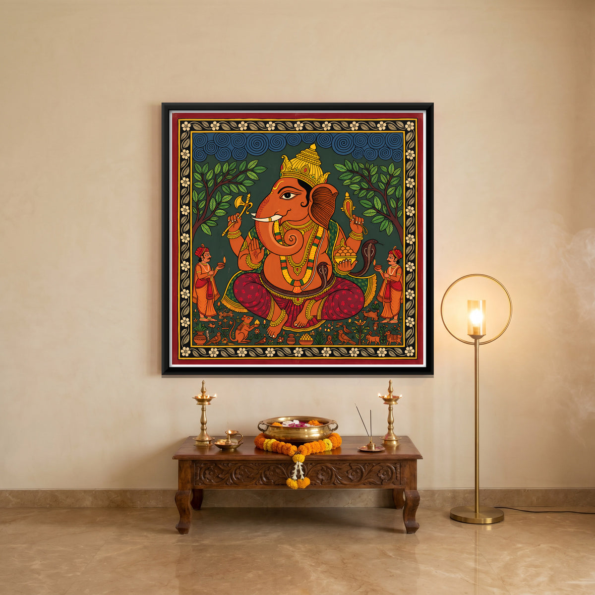 Ganesha with Devotees - canvas art shown in a styled room