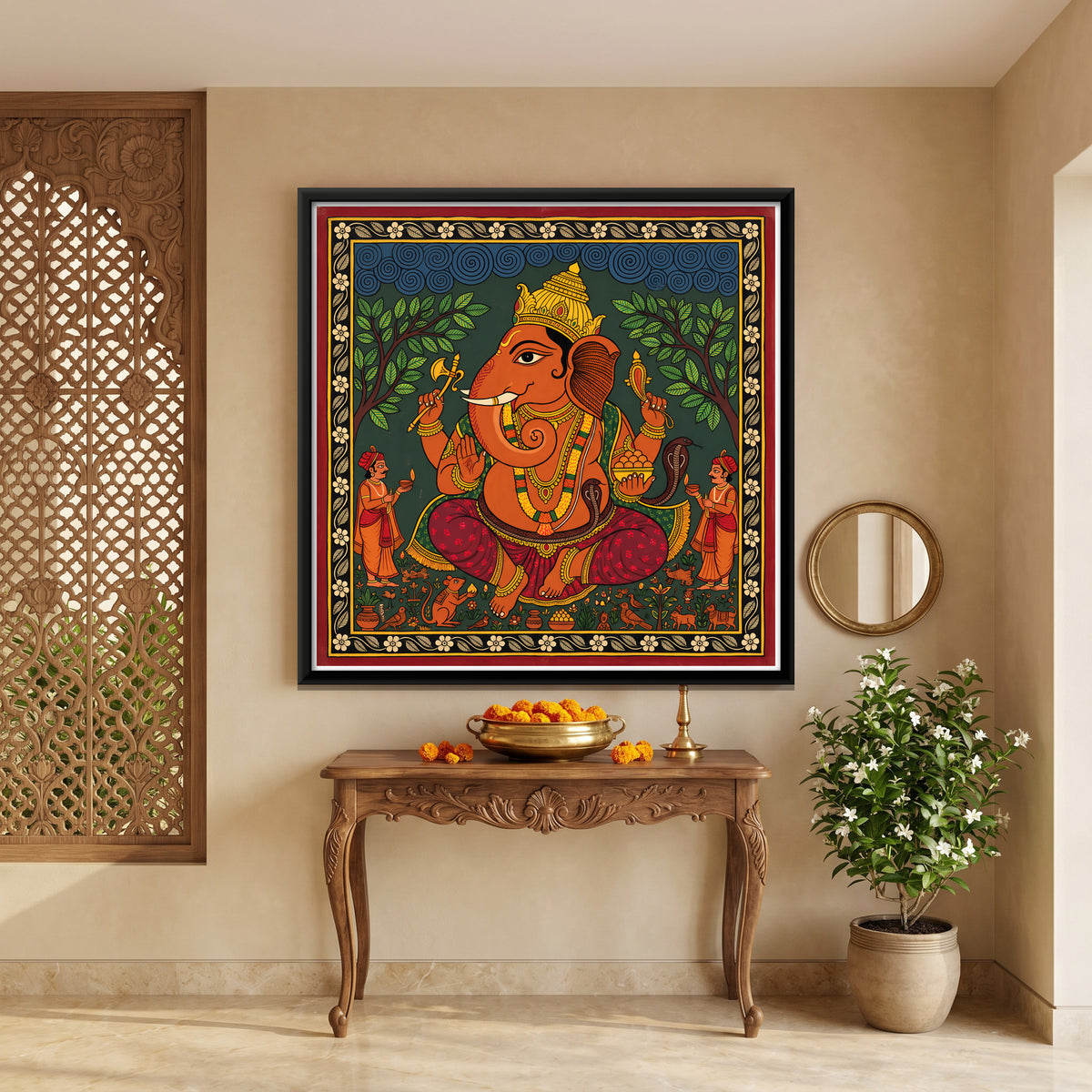 Ganesha with Devotees - canvas art shown in a second room setting
