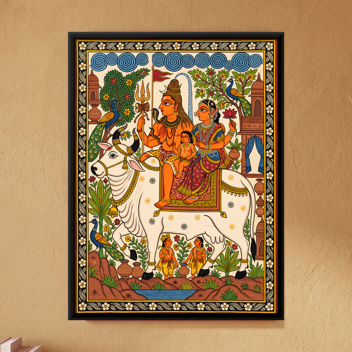 Shiva and Parvati on Nandi - framed canvas art hung on a wall
