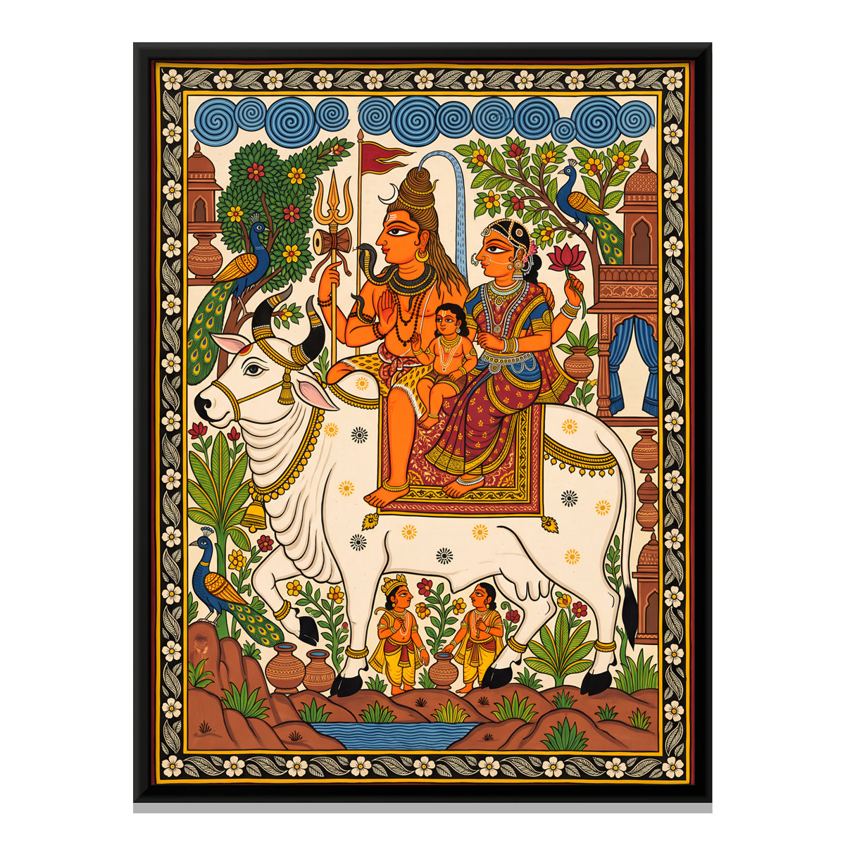 Shiva and Parvati on Nandi - framed canvas print, front view