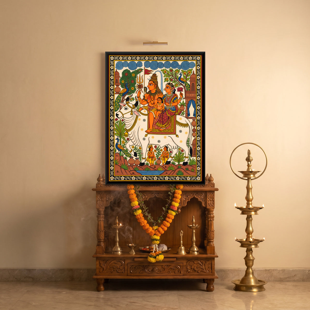 Shiva and Parvati on Nandi - canvas art shown in a styled room