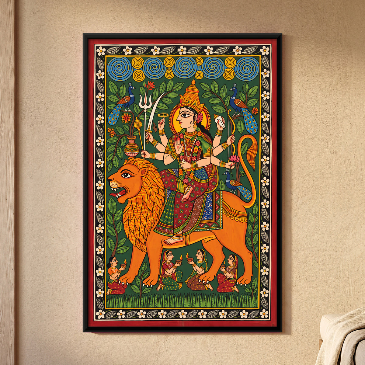 Durga on Her Lion - framed canvas art hung on a wall