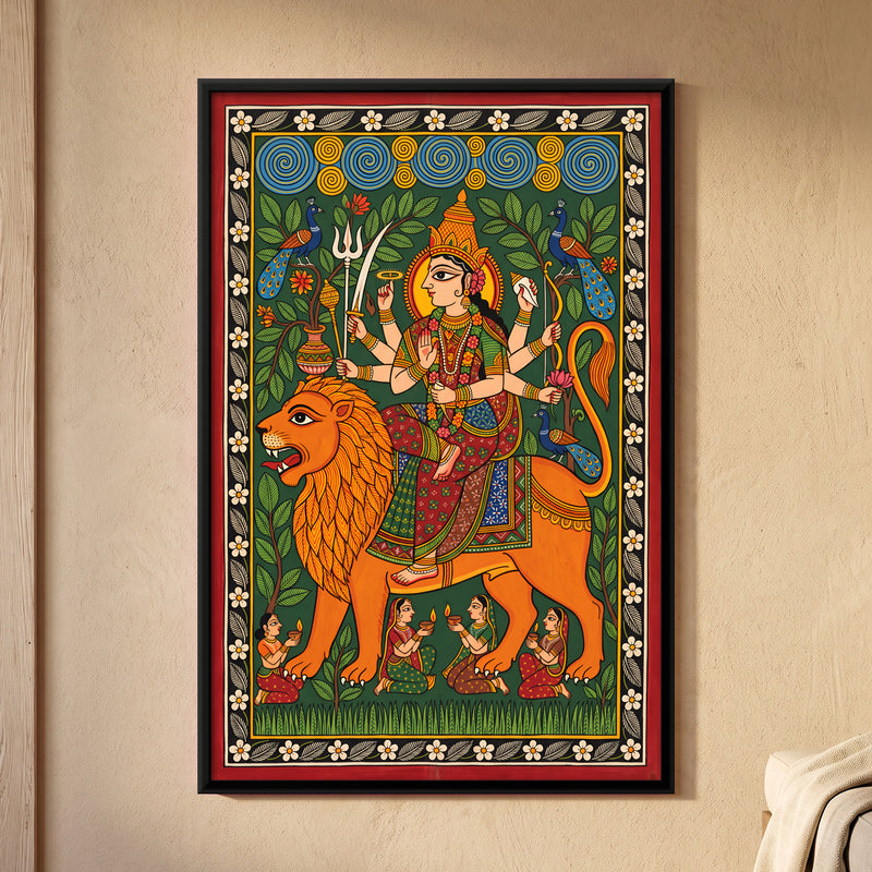 Durga on Her Lion - framed canvas art hung on a wall