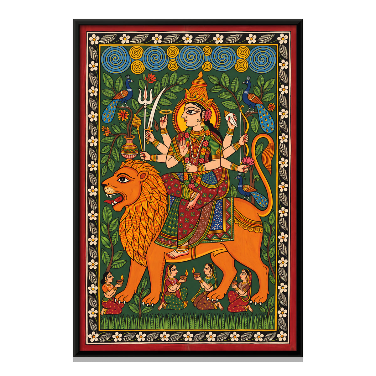 Durga on Her Lion - framed canvas print, front view