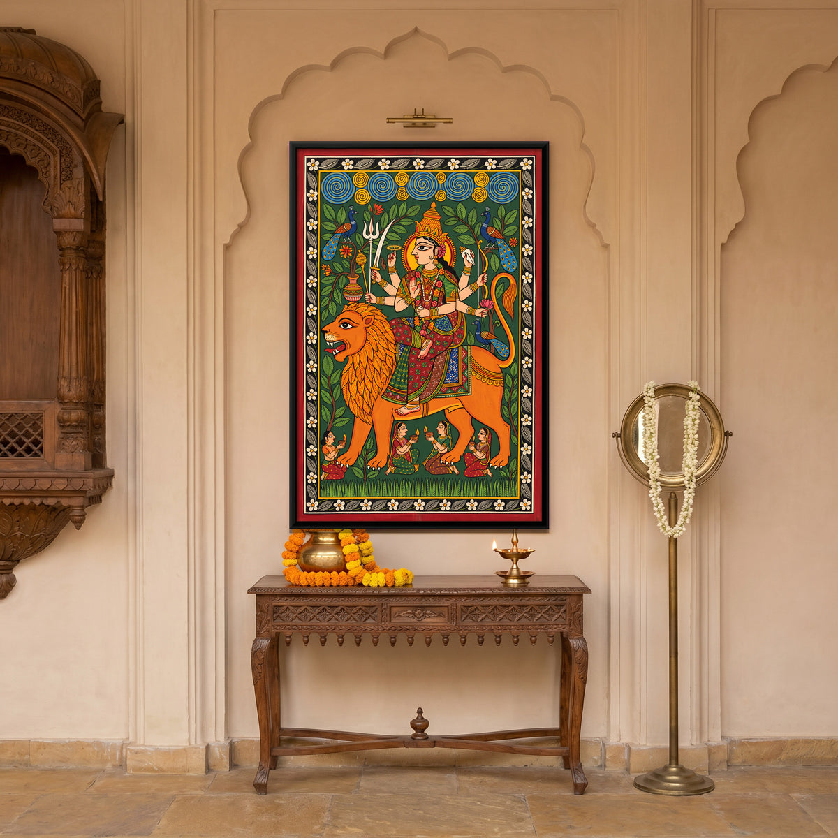Durga on Her Lion - canvas art shown in a styled room