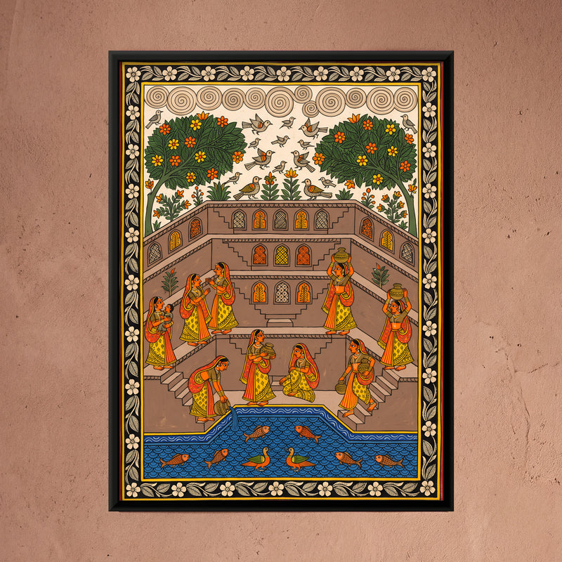 Women at the Stepwell - framed canvas art hung on a wall