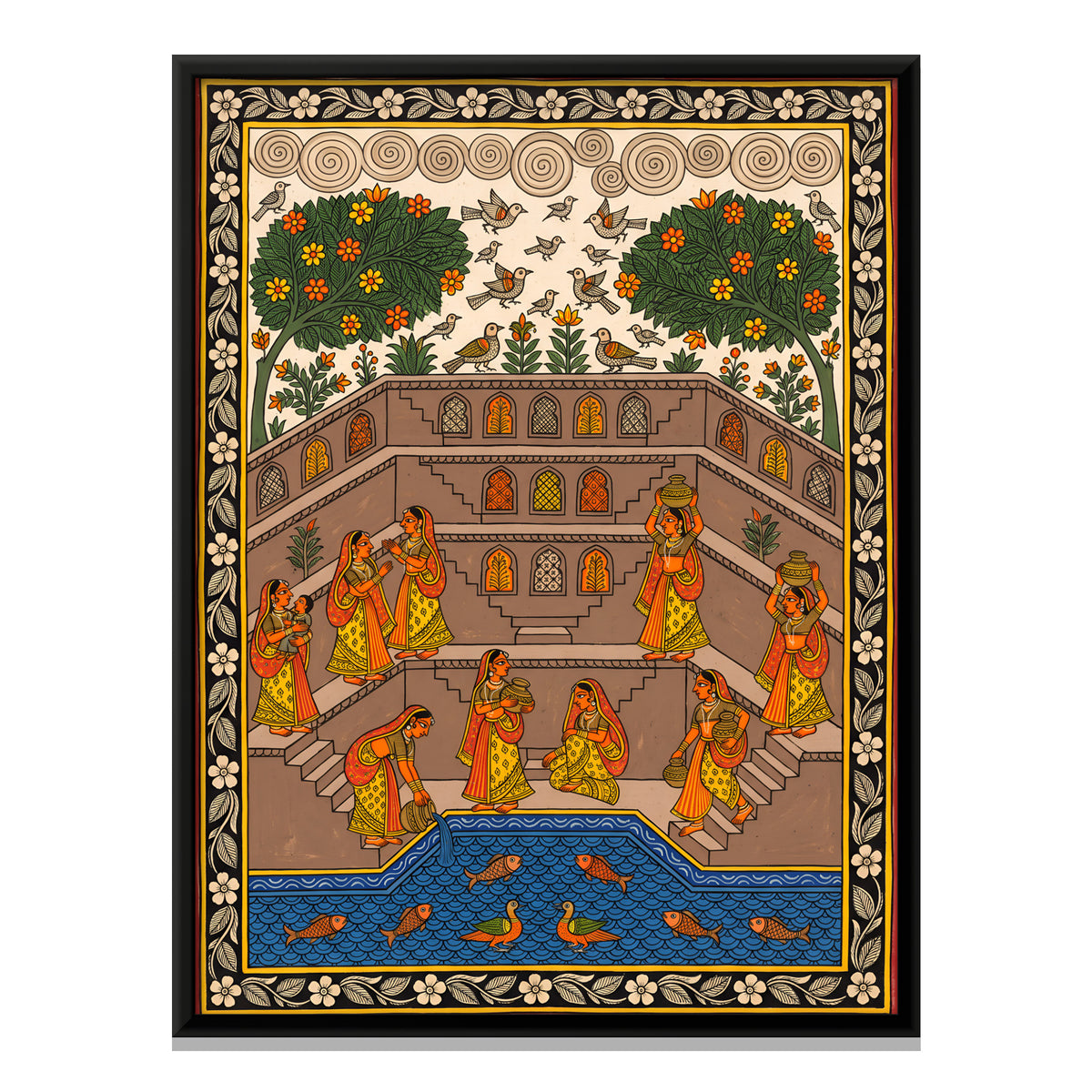 Women at the Stepwell - framed canvas print, front view