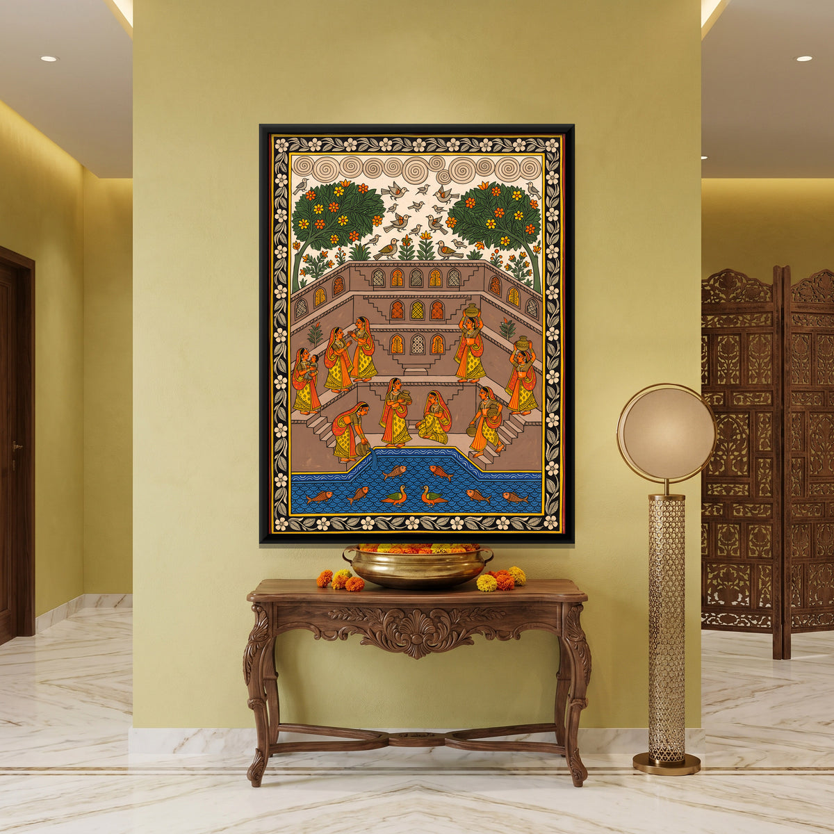 Women at the Stepwell - canvas art shown in a second room setting