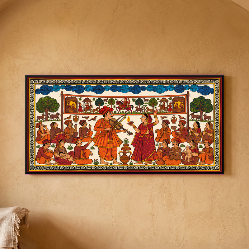Phad Singers by Lamplight - framed canvas art hung on a wall