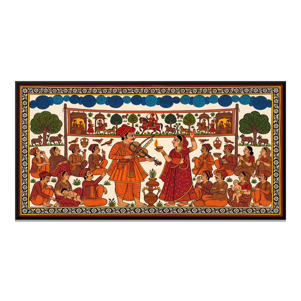 Phad Singers by Lamplight - framed canvas print, front view