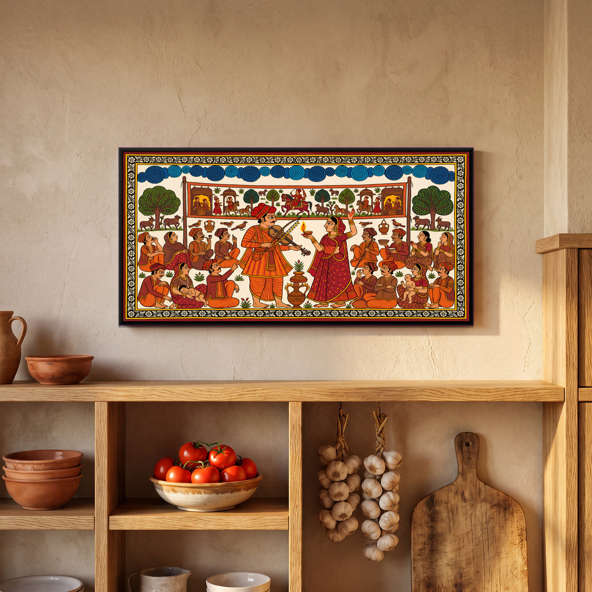 Phad Singers by Lamplight - canvas art shown in a second room setting