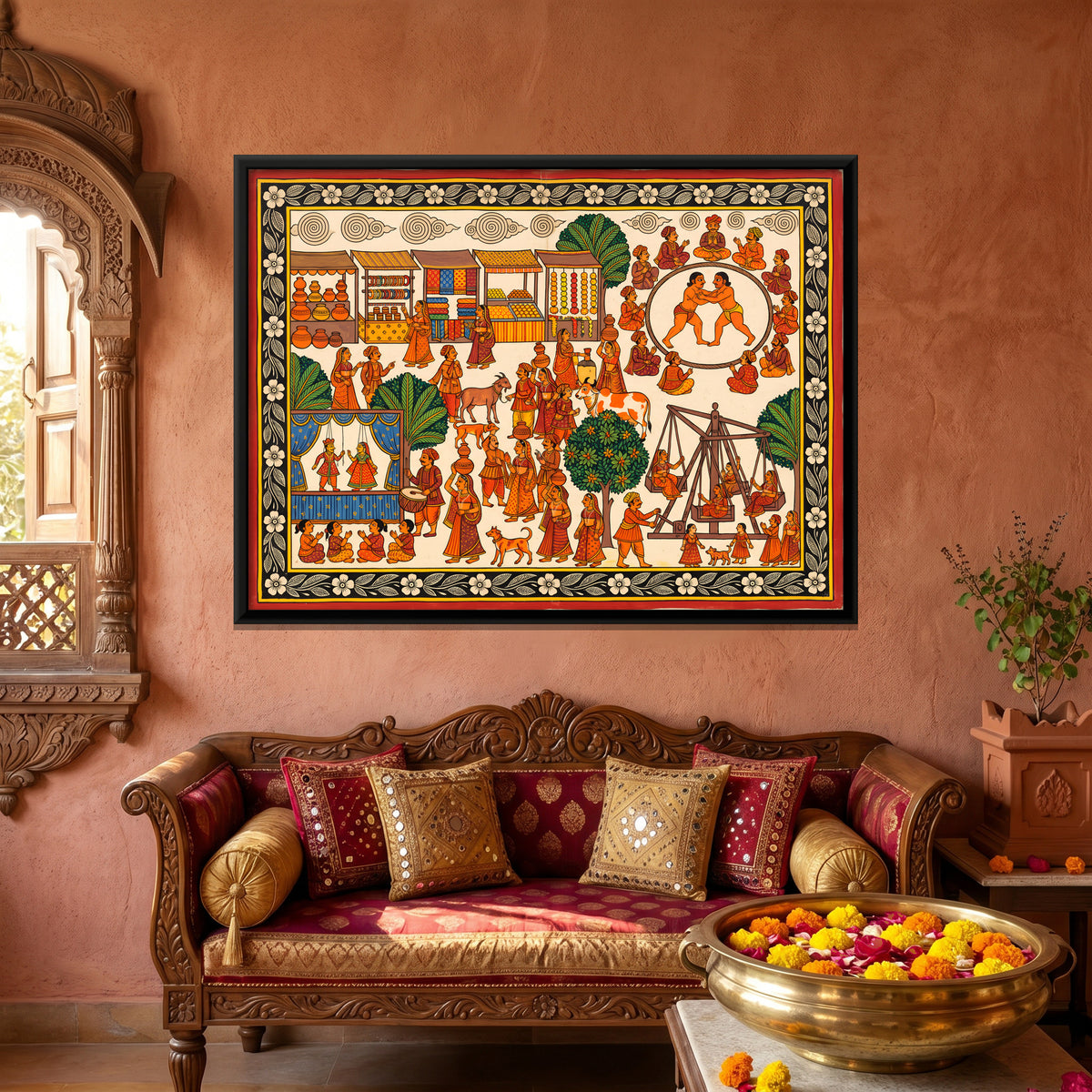 Village Fair - canvas art shown in a styled room