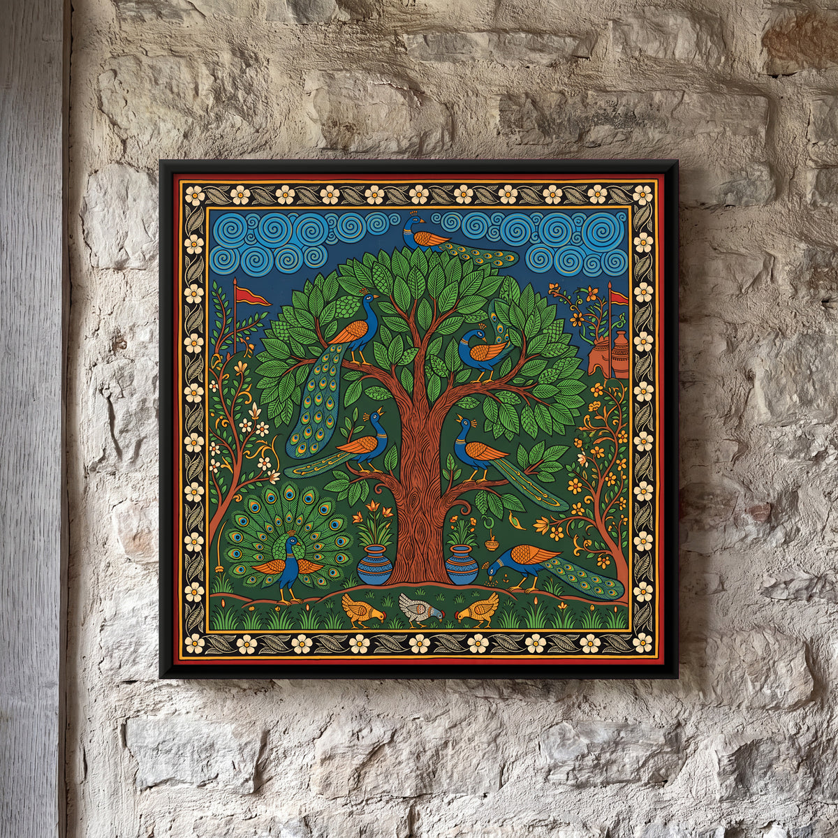 Tree of Life with Peacocks - framed canvas art hung on a wall