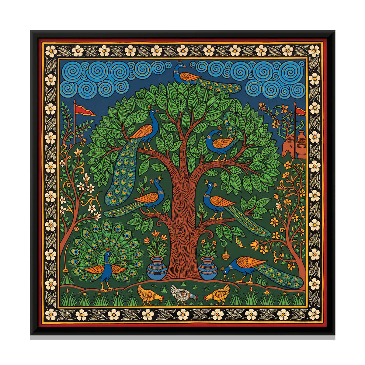 Tree of Life with Peacocks - framed canvas print, front view