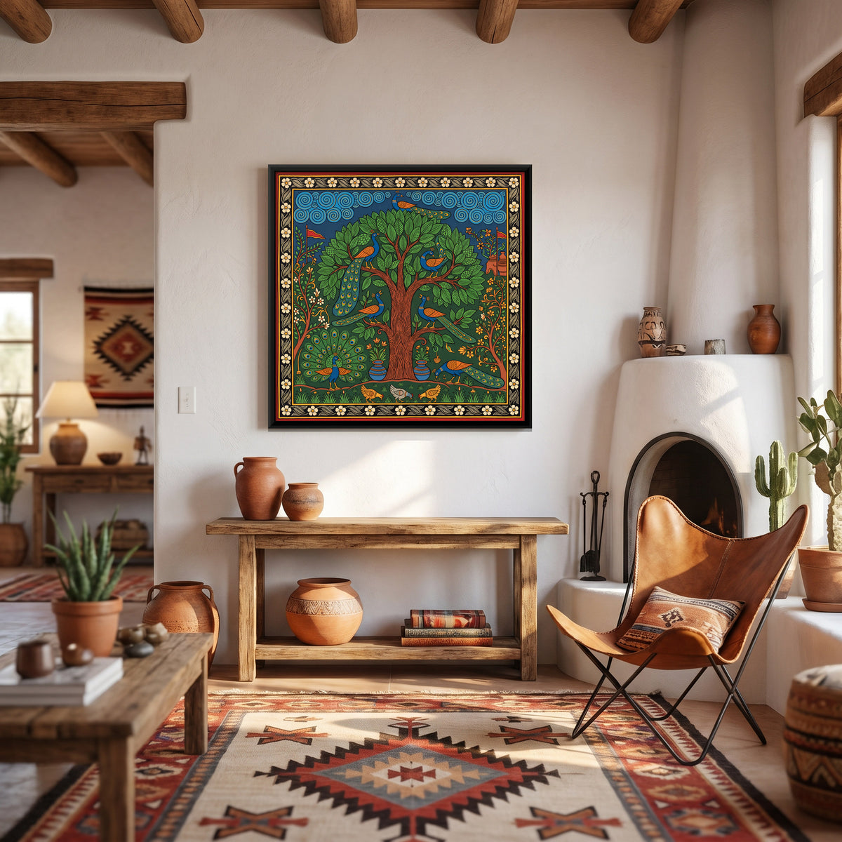Tree of Life with Peacocks - canvas art shown in a styled room