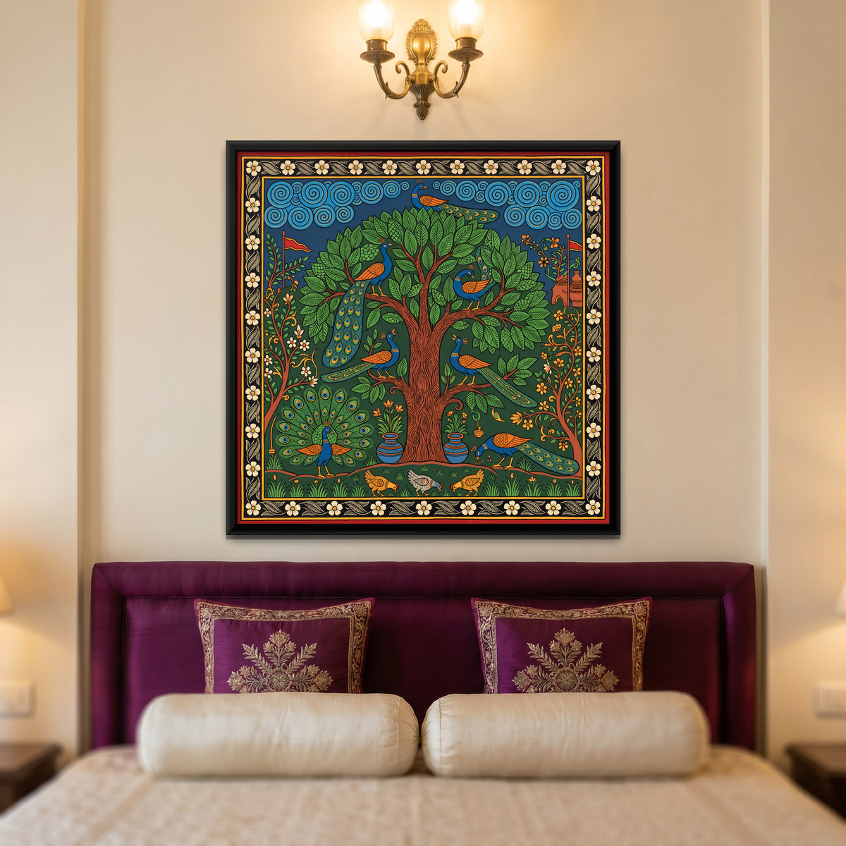 Tree of Life with Peacocks - canvas art shown in a second room setting