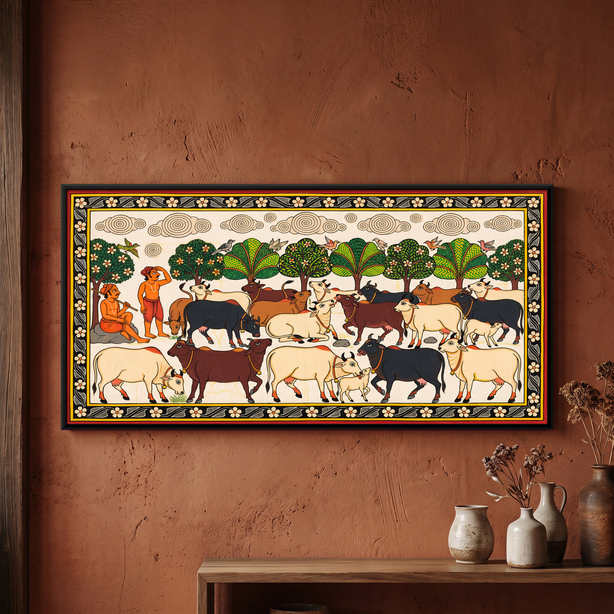 Cows Grazing Under the Trees - framed canvas art hung on a wall