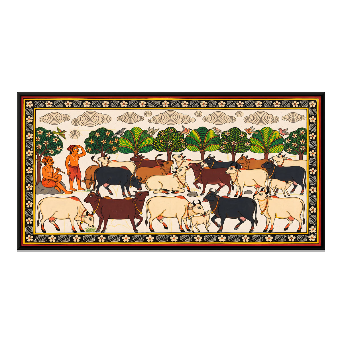 Cows Grazing Under the Trees - framed canvas print, front view