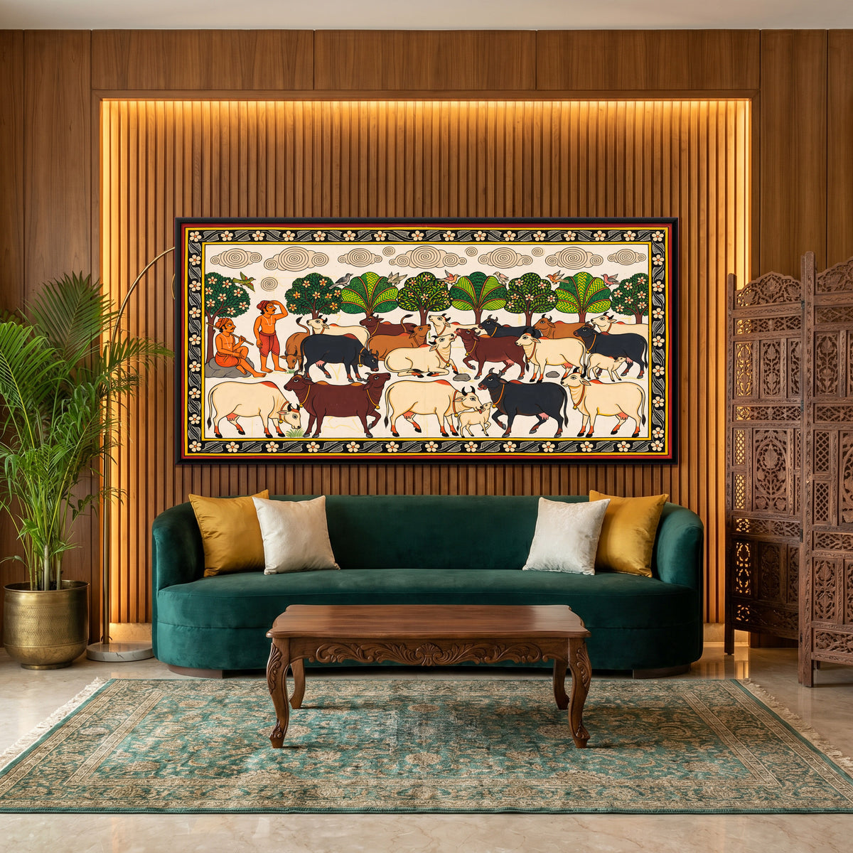 Cows Grazing Under the Trees - canvas art shown in a styled room