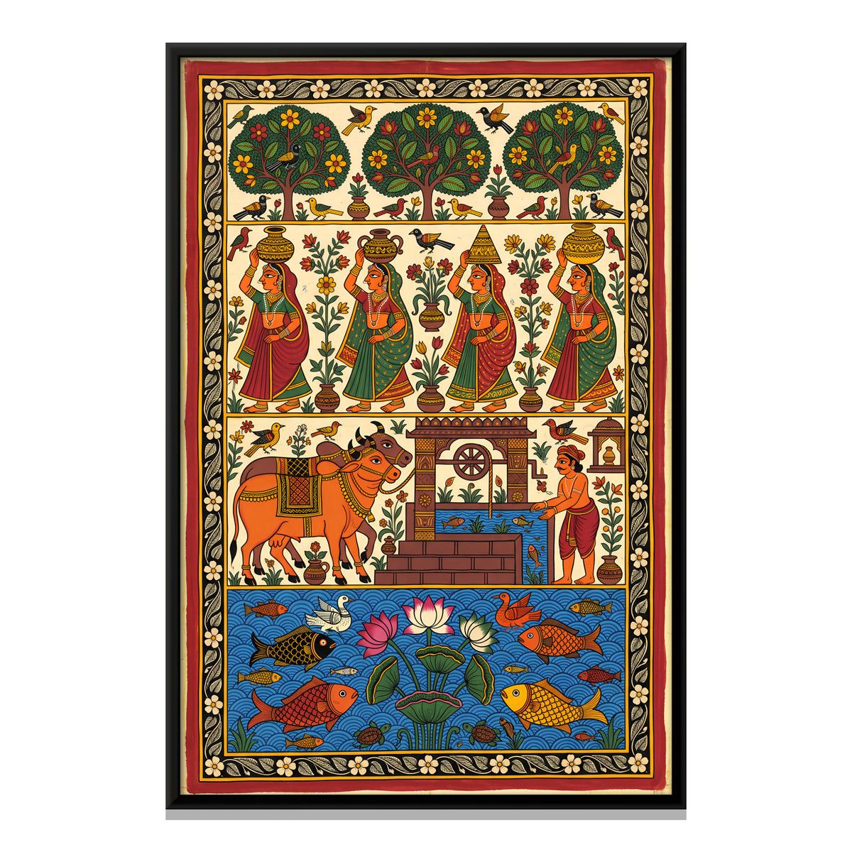 Water Carriers at the Village Well - framed canvas print, front view