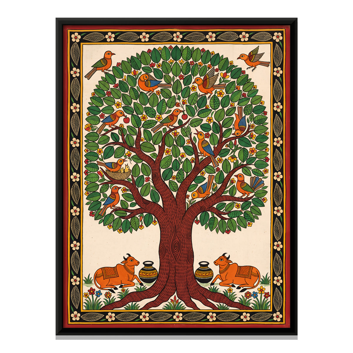 Tree of Life with Birds and Cows - framed canvas print, front view