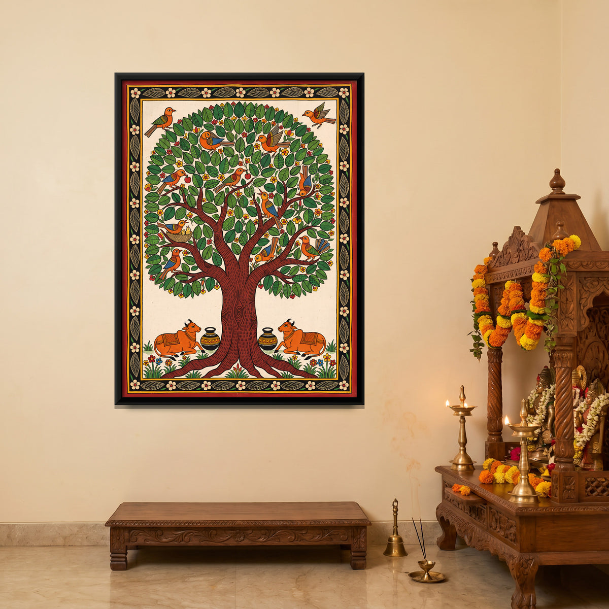Tree of Life with Birds and Cows - canvas art shown in a styled room