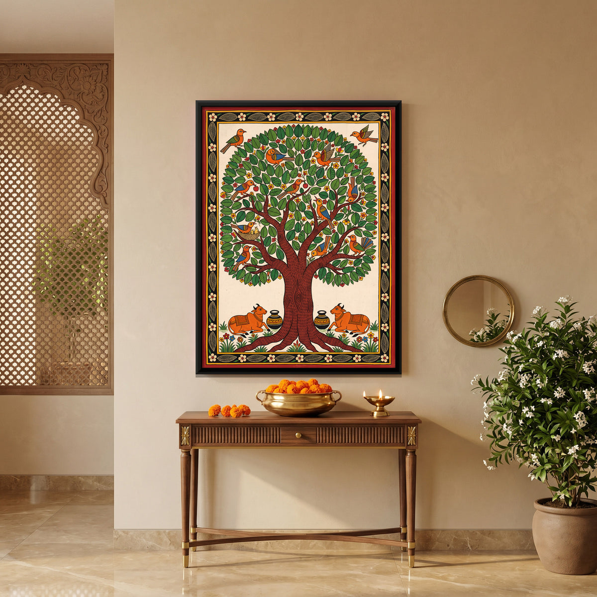 Tree of Life with Birds and Cows - canvas art shown in a second room setting