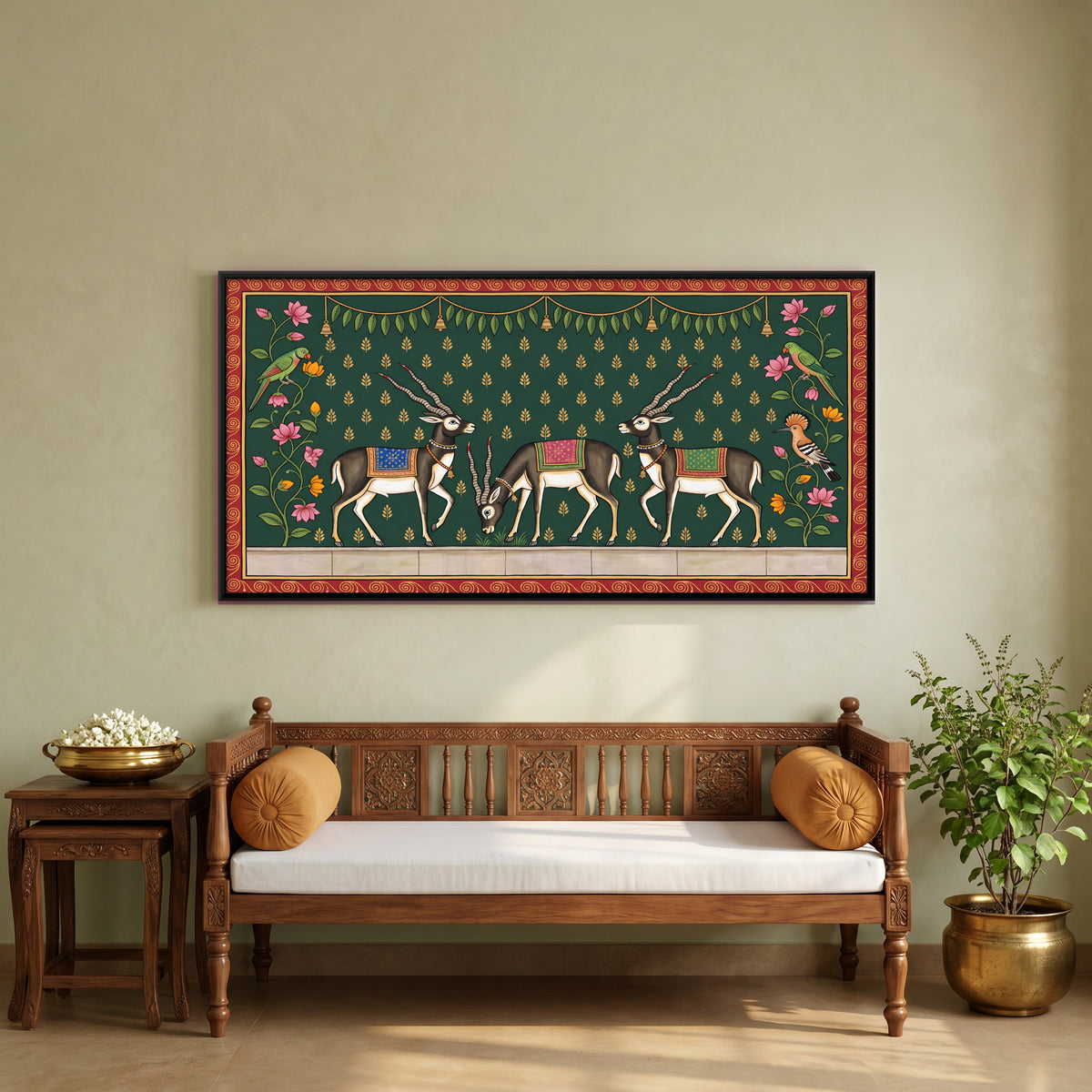 Three Blackbuck Antelope - canvas art shown in a styled room