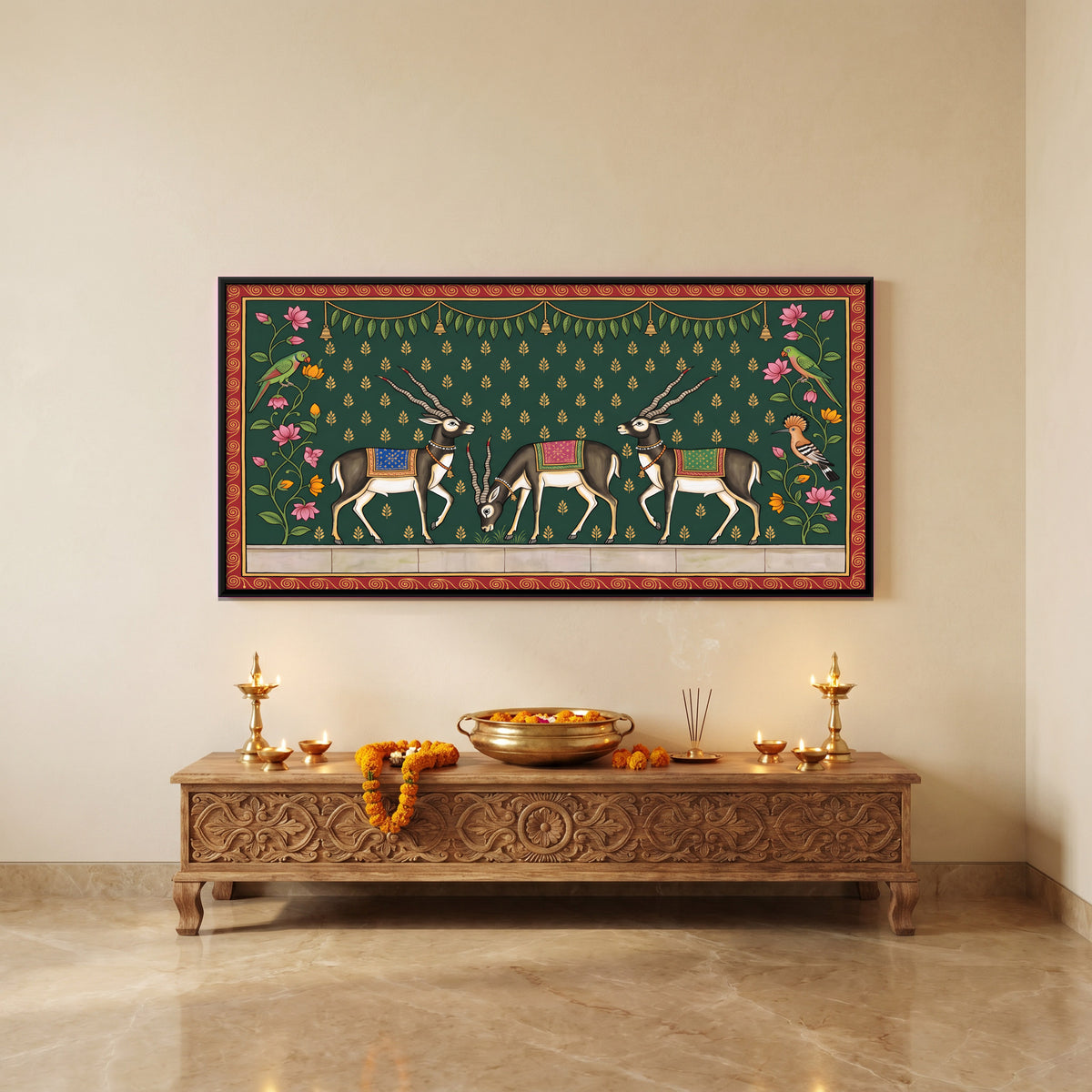 Three Blackbuck Antelope - canvas art shown in a second room setting