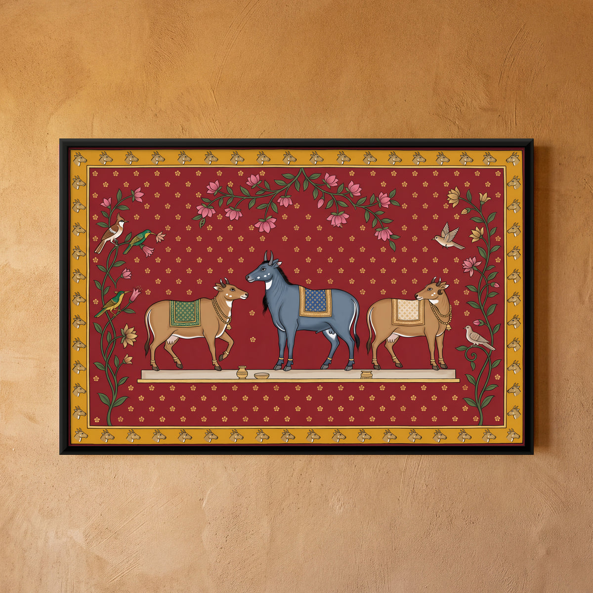 Three Nilgai Antelope - framed canvas art hung on a wall