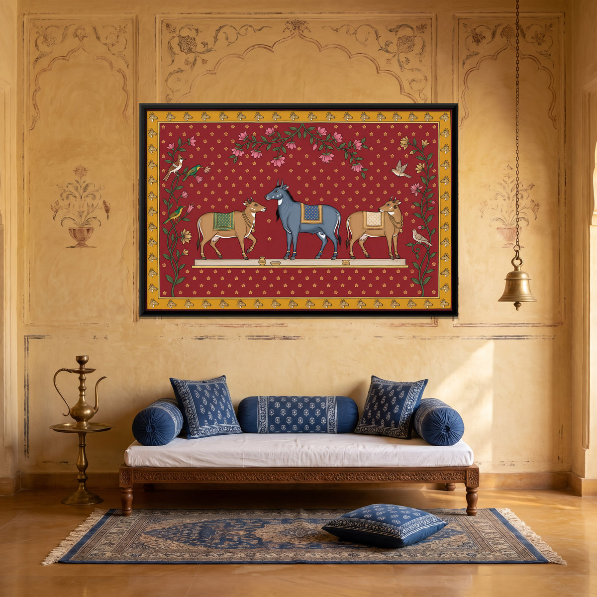 Three Nilgai Antelope - canvas art shown in a styled room