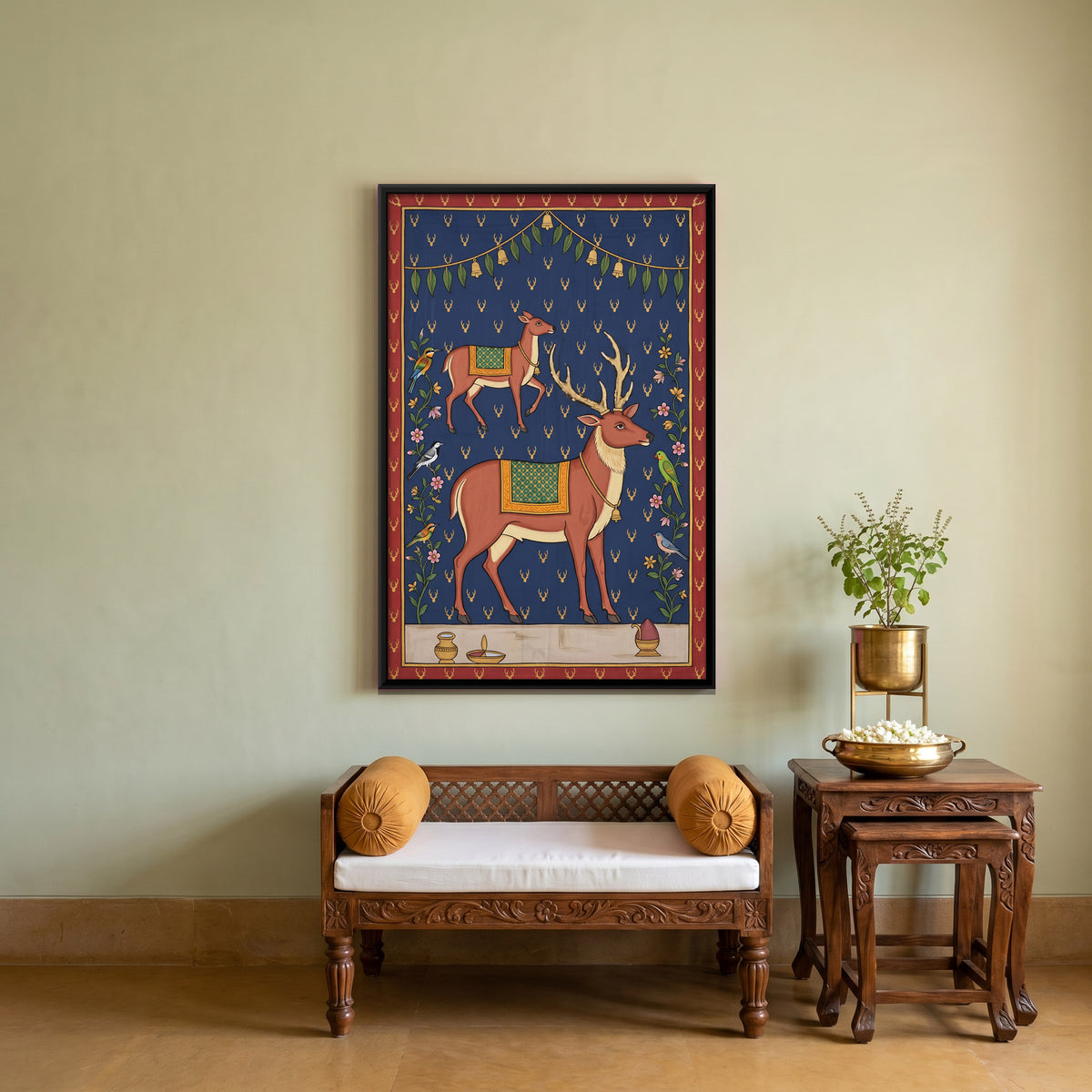 Stag and Doe - canvas art shown in a styled room