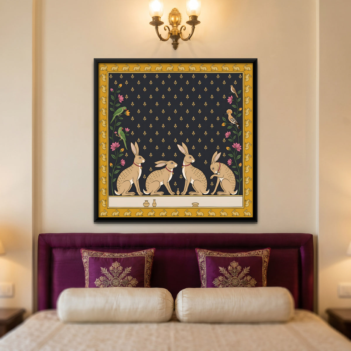 Four Hares - canvas art shown in a second room setting