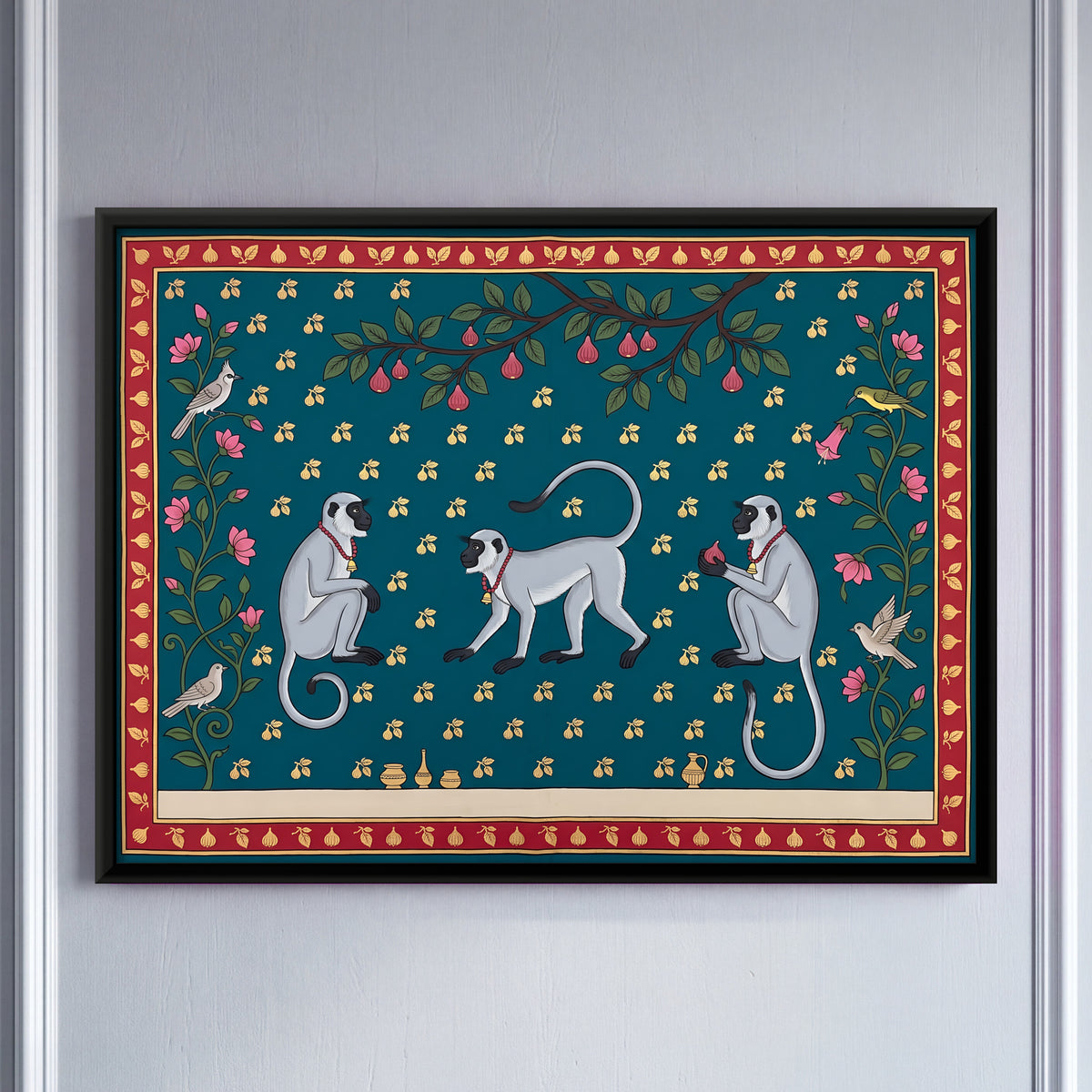 Three Langurs - framed canvas art hung on a wall