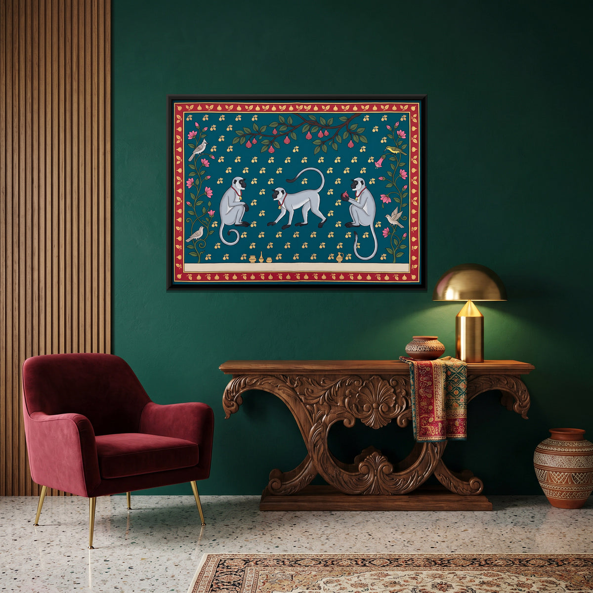 Three Langurs - canvas art shown in a styled room