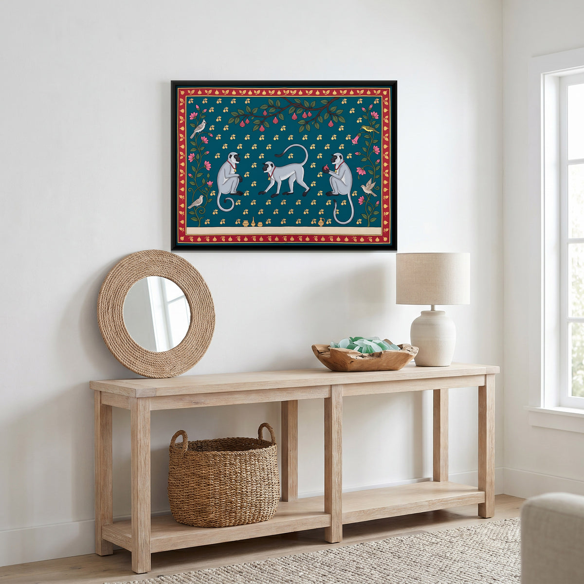 Three Langurs - canvas art shown in a second room setting
