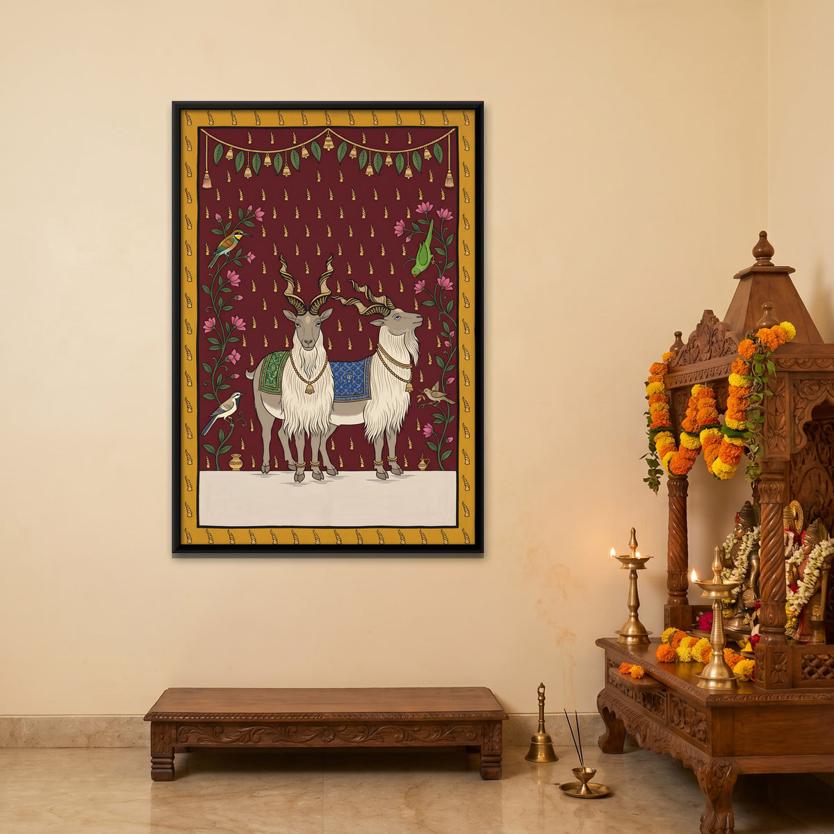 Pair of Markhor Goats - canvas art shown in a styled room