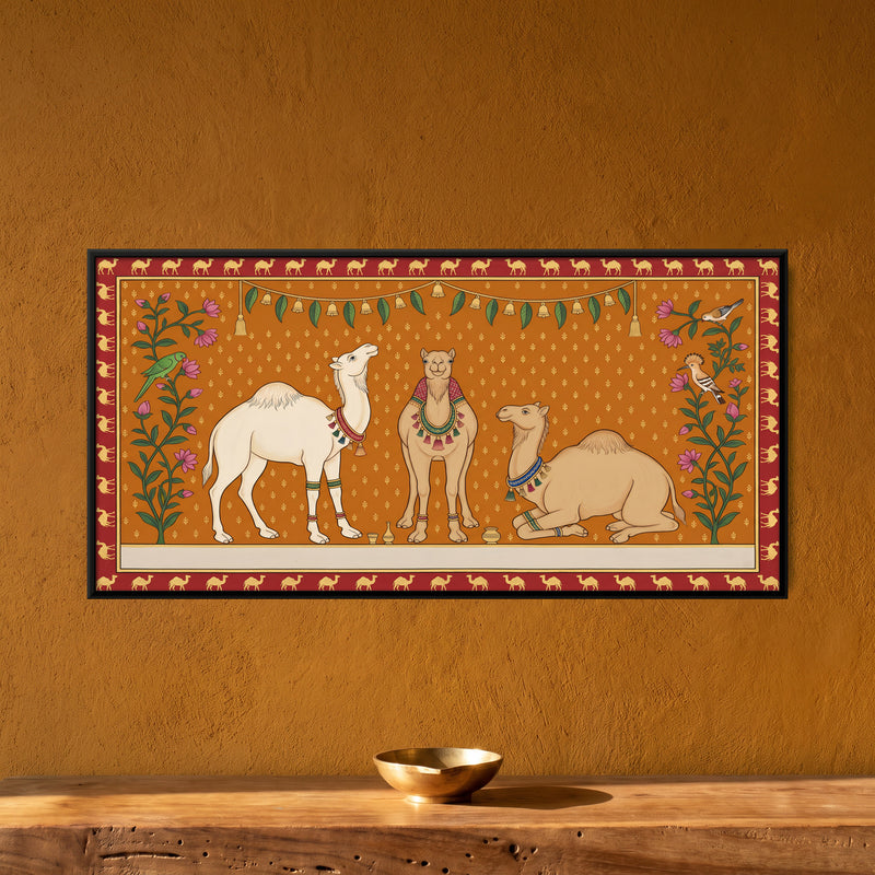 Three Camels - framed canvas art hung on a wall