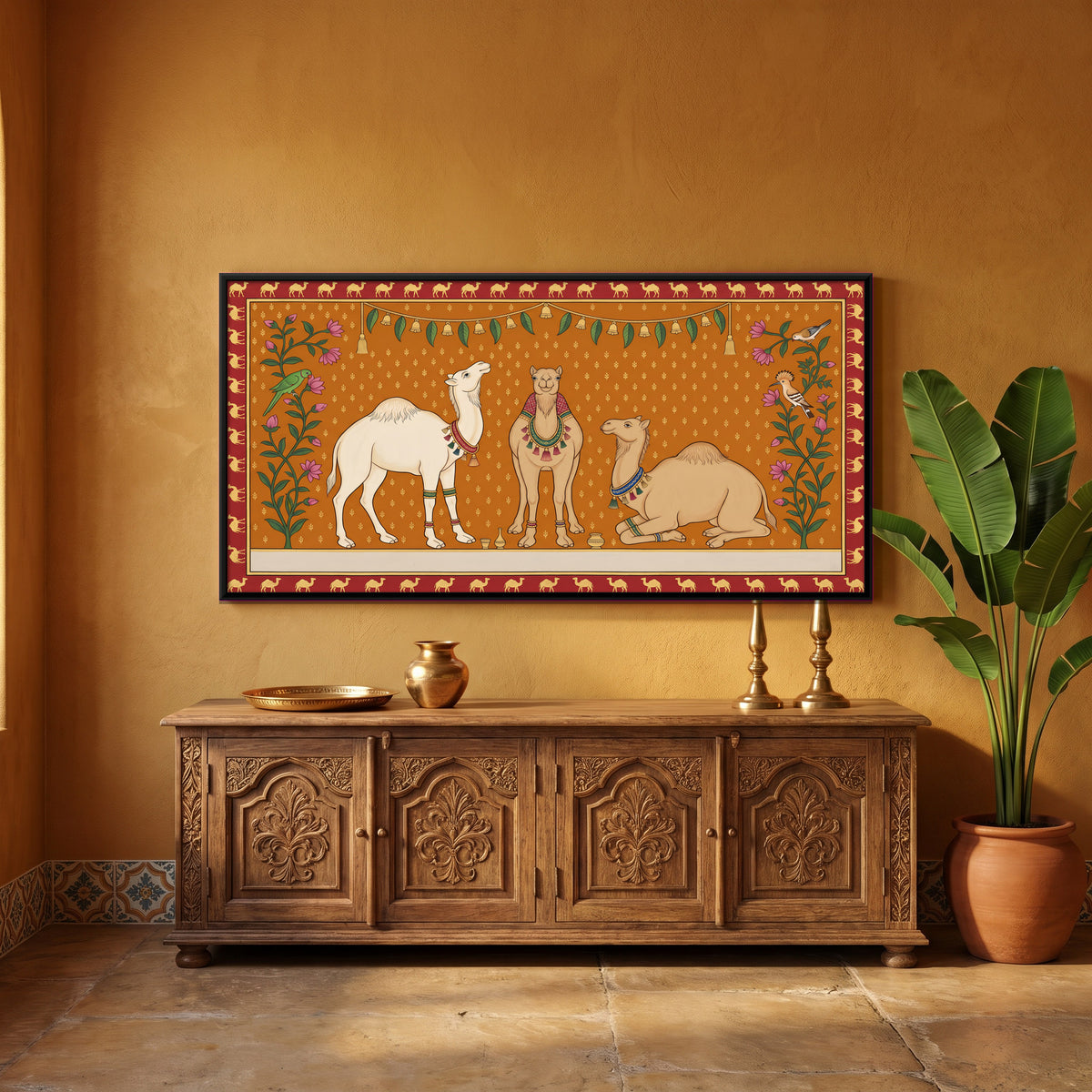 Three Camels - canvas art shown in a styled room