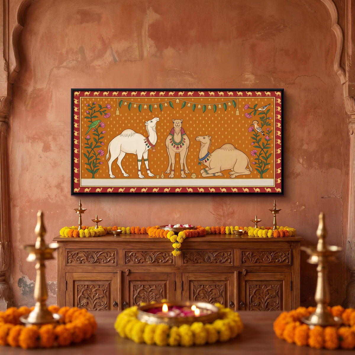 Three Camels - canvas art shown in a second room setting