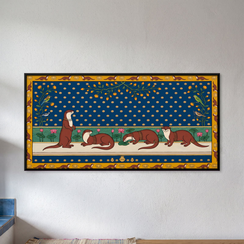 Otters by a Lotus Pond - framed canvas art hung on a wall