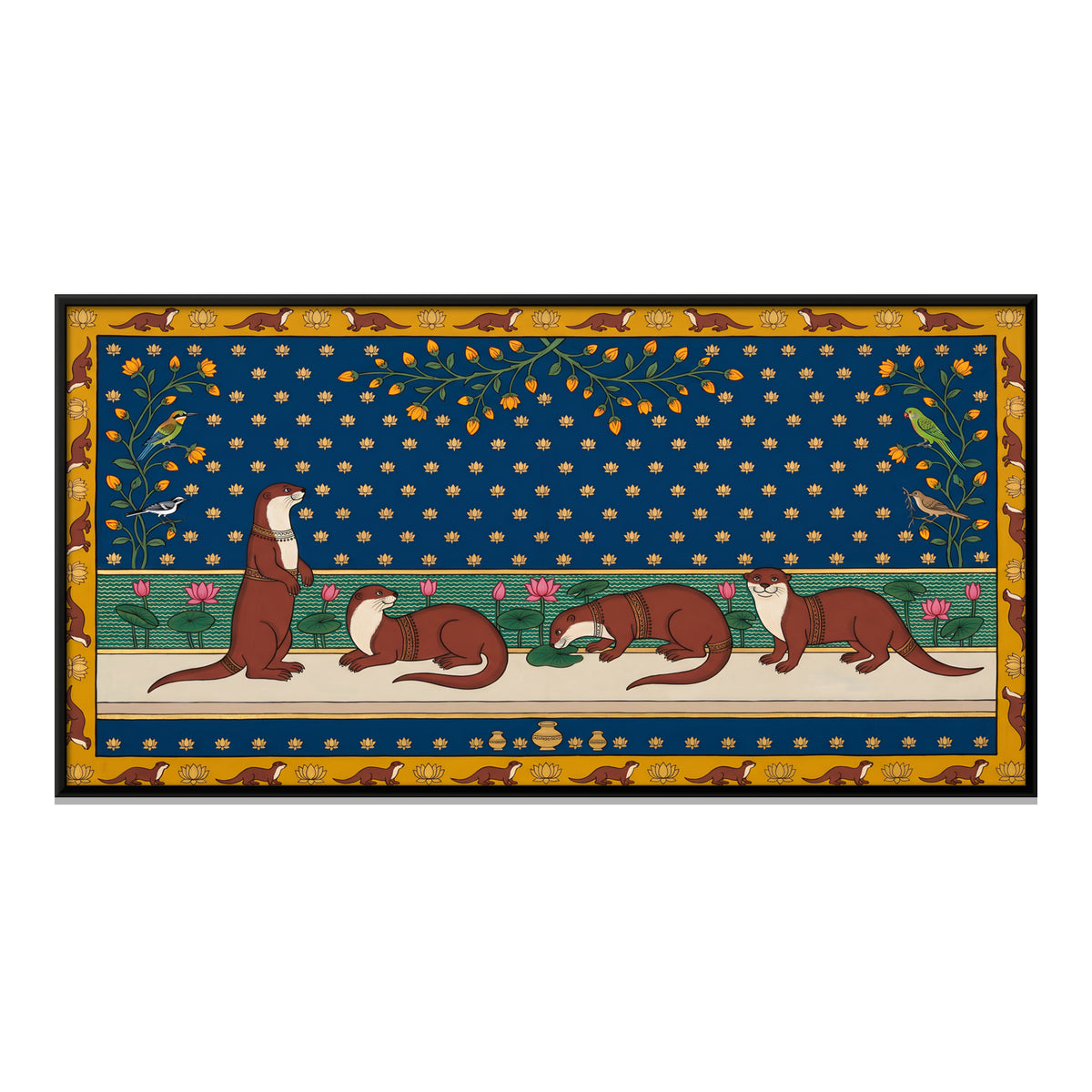 Otters by a Lotus Pond - framed canvas print, front view